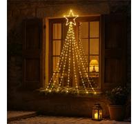 Xmas Haus Waterfall 2D Christmas Tree with Warm White LEDs, Star Top, Twinkle, Timer, 10m Lead, Indoor, Outdoor, For Festive Christmas Decoration Lighting, Garden Decor, Home, Shop Window Display 1.5m