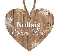 Xmas Heart Plaque - Choose from 4 Festive Designs: Merry Christmas, Nollaig Shona Duit, Nollaig Chridheil, Nadolig Llawen (Irish - Nollaig Shona Duit, Small: 10 cm (H) × 9 cm (W))