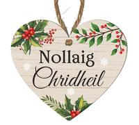 Xmas Heart Plaque - Choose from 4 Festive Designs: Merry Christmas, Nollaig Shona Duit, Nollaig Chridheil, Nadolig Llawen - Wood Ornament, (Scottish - Nollaig Chridheil, Small: 10 cm (H) × 9 cm (W))