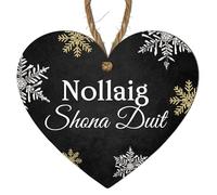 Xmas Heart Plaque in Black - Choose from 4 Festive Designs: Merry Christmas, Nollaig Shona Duit, Nollaig Chridheil, Nadolig Llawen (Irish - Nollaig Shona Duit, Small: 10 cm (H) × 9 cm (W))