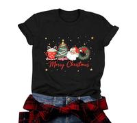 Xmas Holiday Blouse Tops for Women Plus Size Ladies Christmas Letter Printed Round Neck Short Sleeved T Shirt Top Women S Long Sleeve Shirt (XXL) Black