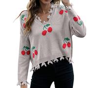 Xmas Jumpers Women UK Sweater for Women Good Luck Gifts Causal Autumn Winter Womens Sexy V Neck Sweater Cherry Jacquard Loose Pullover Knit Sweater Womens Clothing Sale Clearance UK Grey