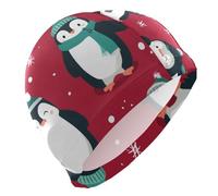 Xmas Penguin Snow Print Swim Cap for Men Lightweight Cloth Cap for Pool Bathing Swimming Hat One SizeRed