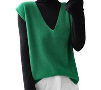 Xmas Pullover Knitted Jumpers Winter Crochet Tops Autumn Winter Women Knitted Sweater Vest Korean Sleeveless V Neck Pullover Female Vest Loose Tops Knitted Waistcoats for Ladies Christmas (Green, XL)