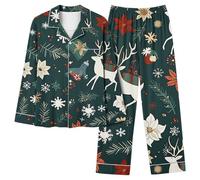 Xmas Pyjamas Sets Women Christmas 2 Piece Pj Set Long Sleeve Button Down Shirt and Wide Leg Trousers Set Xmas Tree Cute Santa Loungewear Oversized Soft Loung Wear Sets Snowflake Snowman Sleepwear