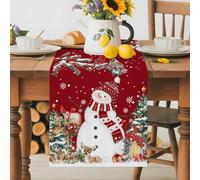 Xmas Snowman Berry Bird on Red Table Runner 72 Inches Long,Table Runners Kitchen Dining Tables Decoration for Home Party Decor, Pine Tree Snow Reindeer Tables Runner Wedding Dresser Scarf