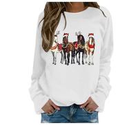 Xmas Tops For Women Uk,Women's Hoodless Sweatshirt for Women | Funny Christmas Horse Lover Western Farm Style Long Sleeve Pullover Tee (White, XXL)