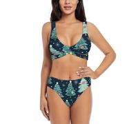 Xmas Tree Ball Stars Swim Suits for Women 2024 2 Piece, High Waisted Bikini Sets for Women with Cross-Front Design, Black, Medium