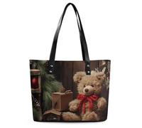 Xmas Tree Branch Bear Doll Leather Tote Bag for Women Work Shoulder Purses with Zipper Waterproof Large Computer Shoulder Bag Fashion Ladies Shoulder Handbag Reusable Shopping Bags