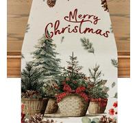 Xmas Trees Holly Pine Cone Merry Christmas Table Runner, Seasonal Winter Kitchen Dining Table Decoration for Indoor Outdoor Home Party Decor 13x72 Inches