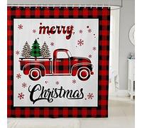 Xmas Truck Shower Curtains Christmas Tree Snowflake Print Bathroom Curtains, New Year Theme Red Plaid Print Waterproof Bath Curtains with 12 Hooks Suit for Bathtub, Kids Boys Room Decor,72" W x 78" L