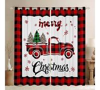 Xmas Truck Window Curtains Christmas Tree Snowflake Print Window Drapes, New Year Theme Red Plaid Print Window Treatments, Kids Boys Room Decor Grommet Top 2 Panel Set Bedroom Curtains, 46Wx54L inch