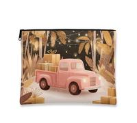Xmas Vintage Truck Makeup Bag, Peach Christmas Cosmetic Travel Pouch for Women, Portable Small Canvas Zipper Organizer, Holiday Skincare Toiletry Bag, Peach, 7x9 Inch, Truck