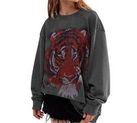 Xmas Women's Sweatshirt 2024 Layered Holiday Look Women Tiger Print Sweatshirts Graphic Oversized Crewneck Pullover Tops Long Sleeve Fall Winter Shirts Blessed Sweatshirts for Women (Grey, L)