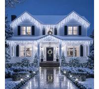 XmasBokeh Icicle Fairy Lights, 200 LED, Cool White, Plug in, Outdoor | Icicle lights outdoor; outdoor Christmas lights; plug in curtain fairy lights for roofs, eaves, gutters and windows