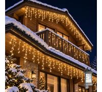 XmasBokeh Icicle Fairy Lights, 200 LED, Warm White, Plug in, Outdoor | Icicle lights outdoor; outdoor Christmas lights; plug in curtain fairy lights for roofs, eaves, gutters and windows