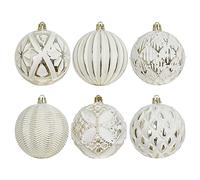 XmasExp Vintage Rustic Christmas Ball Ornaments Sets, 3.15” Plastic Farmhouse Distressed Tree Decorations Shatterproof Antique Traditional Style Xmas Hanging Ornaments (White Gold, 6Pcs