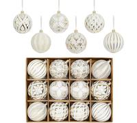 XmasExp Vintage Rustic Christmas Ball Ornaments Sets Farmhouse Distressed Christmas Tree Decorations Shatterproof Antique Traditional Style Xmas Hanging Ornaments （White Gold, 12Pcs