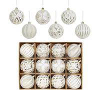 XmasExp Vintage Rustic Christmas Ball Ornaments Sets Farmhouse Distressed Christmas Tree Decorations Shatterproof Antique Traditional Style Xmas Hanging Ornaments (White Gold, 12Pcs