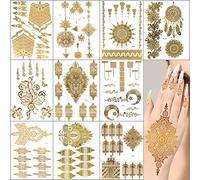 XMASIR 10 Sheets Flash Gold Temporary Tattoo Sticker Kit Metallic Tattoo Stikers Fake Waterproof Glitter Tattoo Sticker for Women Adult Girl Art Paint