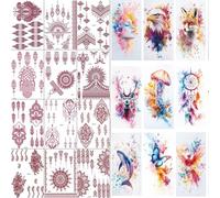 XMASIR 76 Sheets Temporary Tattoo Stickers, Large Arm Watercolor Fake Tattoos Waterproof Animals Flower Realistic 3D Roses Birds Floral Butterfly Wolf Body Art Stickers for Women and Man