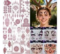 Xmasir Animal Face Tattoos Stickers, 4 Pcs Leopard Temporary Tattoo Sticker Cute Cat Deer Tiger Glitter Face Art Stickers for Women Girls Halloween Christmas Makeup Party (Multicolour)