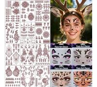 Xmasir Animal Face Tattoos Stickers, Leopard Temporary Tattoo Cute Cat Deer Tiger Glitter Face Art Stickers for Women Girls Halloween Christmas Makeup Party (Multicolour)