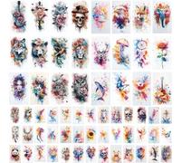 XMASIR Temporary Tattoo Stickers, 64 Sheets Large Arm Watercolor Fake Tattoos Waterproof Animals Flower Realistic 3D Roses Birds Floral Butterfly Wolf Body Art Stickers for Women and Man