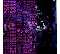 Xmasir UV Neon Temporary Tattoos, 387 Pcs Pink Tattoo Stickers Heart Shaped Fake Waterproof Glow In The Dark Tattoos for Girls and Women Body Face Art Halloween Party