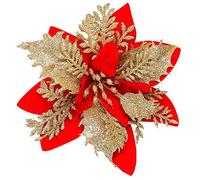 Xmastell 15Pcs Poinsettia Artificial Flowers Decorations, Glitter Christmas Flowers Ornaments, Christmas Tree Decorations Flowers, with Clipsfor Xmas/Wreath/Garland Decor, 14cm Red