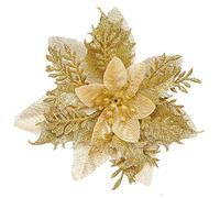 Xmastell 15Pcs Poinsettia Artificial Flowers Decorations, Glitter Christmas Flowers Ornaments, Christmas Tree Decorations Flowers, with Clips for Xmas/Wreath/Garland Decor, 14cm Gold