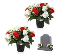 XMDROU 2PCS Artificial Flowers for Graves, 25cm Silk Grave Flower Pots Funeral Flower Christmas Grave Decorations Red White Roses Memorial Arrangement Fake Bouquet for Outdoor Graveside (Red & White)