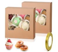 XMDROU Cookie Boxes, 35 Pack Bakery Pastry Boxes with Window, Brown Cupcake Box Mini Cake Box with 1 Wrapping Ribbon for Muffins Pastry Cupcake Candy Pie Party Favours (13,5 x 13,5 x 5cm)