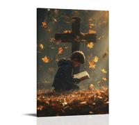 XMHMYHZJ A Child Kneels before A Wooden Cross, Clutching A Torn Bible As Golden Leaves Swirl Around Him in The Wind. Wall Art Mural Modern Decoration Hanging Art Poster 16x24inch(40x60cm)