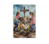 XMHMYHZJ A Group of Children Plant Flowers Around A Cross, Placing Bible Pages between The Roots Like Prayers to Grow. Wall Art Mural Modern Decoration Hanging Art Poster 08x12inch(20x30cm)