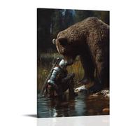 XMHMYHZJ A Knight And A Grizzly Drink from The Same Stream Before Battle, Sharing One Final Silence Wall Art Mural Modern Decoration Hanging Art Poster 16x24inch(40x60cm)