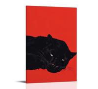 XMHMYHZJ A Sleek Black Panther Curled Gracefully on A Bold Red Backdrop, Its Eyes Glowing Like Embers in A Sea of Minimalism. Wall Art Mural Modern Decoration Hanging Art Poster 12x18inch(30x45cm)
