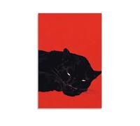 XMHMYHZJ A Sleek Black Panther Curled Gracefully on A Bold Red Backdrop, Its Eyes Glowing Like Embers in A Sea of Minimalism. Wall Art Mural Modern Decoration Hanging Art Poster 08x12inch(20x30cm)