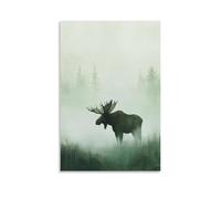 XMHMYHZJ A Stoic Moose Wading through Pale Morning Mist, Painted with Earthy Depth on A Pastel Green Canvas. Wall Art Mural Modern Decoration Hanging Art Poster 08x12inch(20x30cm)