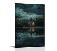 XMHMYHZJ A Storm Rages Above The Chapel, Yet The Crosss Reflection in The Lake Remains Undisturbed. Wall Art Mural Modern Decoration Hanging Art Poster 24x36inch(60x90cm)