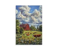 XMHMYHZJ A Summer Day on The Farm An Oil Artwork of Grazing Cows And A Red Barn Wall Art Mural Modern Decoration Hanging Art Poster 08x12inch(20x30cm)