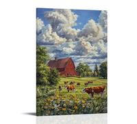 XMHMYHZJ A Summer Day on The Farm An Oil Artwork of Grazing Cows And A Red Barn Wall Art Mural Modern Decoration Hanging Art Poster 12x18inch(30x45cm)