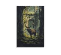 XMHMYHZJ An Elk Walking through Ancient Ruins Overgrown with Moss, Painted in Faded Grandeur Wall Art Mural Modern Decoration Hanging Art Poster 16x24inch(40x60cm)