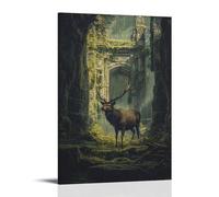 XMHMYHZJ An Elk Walking through Ancient Ruins Overgrown with Moss, Painted in Faded Grandeur Wall Art Mural Modern Decoration Hanging Art Poster 08x12inch(20x30cm)