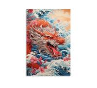 XMHMYHZJ Animal in Water Filled Painting with Gold Dragon, Waves And Flowers Wall Art Mural Modern Decoration Hanging Art Poster 08x12inch(20x30cm)