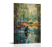 XMHMYHZJ Animal Oil Painting- A Bear Wakeboarding on A Lake Surrounded by Summer Music Tents Wall Art Mural Modern Decoration Hanging Art Poster 12x18inch(30x45cm)