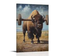 XMHMYHZJ Animal Oil Painting- A Bison Weightlifting on A Prairie Field with Barbell Made of Tree Trunks Wall Art Mural Modern Decoration Hanging Art Poster 16x24inch(40x60cm)