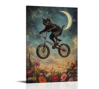 XMHMYHZJ Animal Oil Painting- A Cat BMX Biking over Flower Fields Under A Crescent Moon Wall Art Mural Modern Decoration Hanging Art Poster 16x24inch(40x60cm)