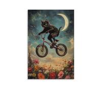 XMHMYHZJ Animal Oil Painting- A Cat BMX Biking over Flower Fields Under A Crescent Moon Wall Art Mural Modern Decoration Hanging Art Poster 16x24inch(40x60cm)
