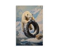 XMHMYHZJ Animal Oil Painting- A Polar Bear Flipping A Snow Tire over Icy Terrain in A Strongman Event Wall Art Mural Modern Decoration Hanging Art Poster 16x24inch(40x60cm)
